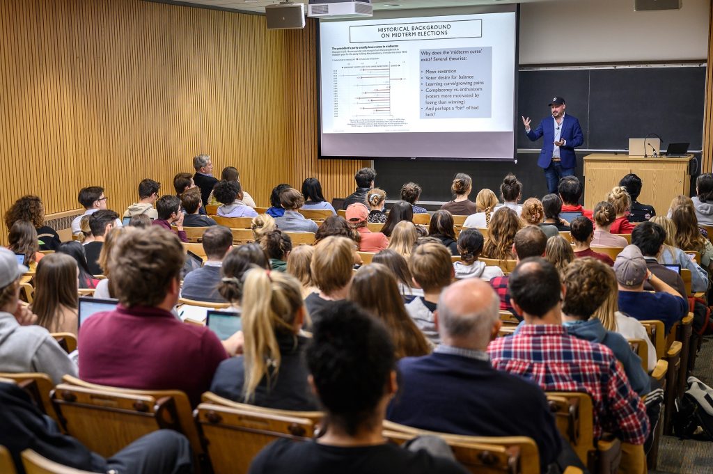 Nate Silver, Public Affairs Journalist in Residence, speaks to students during a visit to Contemporary Public Policy Issues class, Public Affairs & Public Policy 200 (Timothy Smeeding, professor) in Russell Laboratories at the University of Wisconsin–Madison on Oct. 26, 2022.