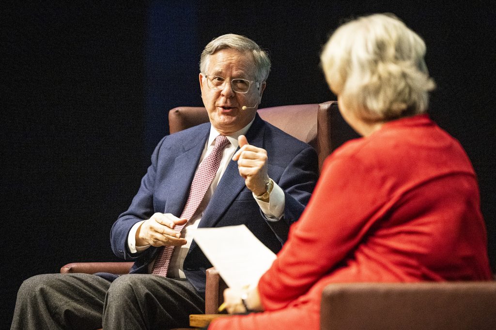 NBC News’ Pete Williams talks with Kathleen Culver, director of the Center for Journalism Ethics at the University of Wisconsin-Madison, during a public event hosted at the Play Circle Theater at the Memorial Union on Dec. 7, 2022. The event was open to the public and centered around questions about journalism ethics and Williams’ experience covering the U.S. Supreme Court. (Photo by Bryce Richter / UW–Madison)
