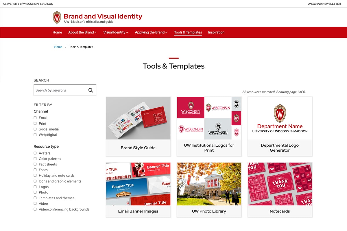 Screenshot from the Brand and Visual Identity Resources page, which allows users to search and filter for digital assets.