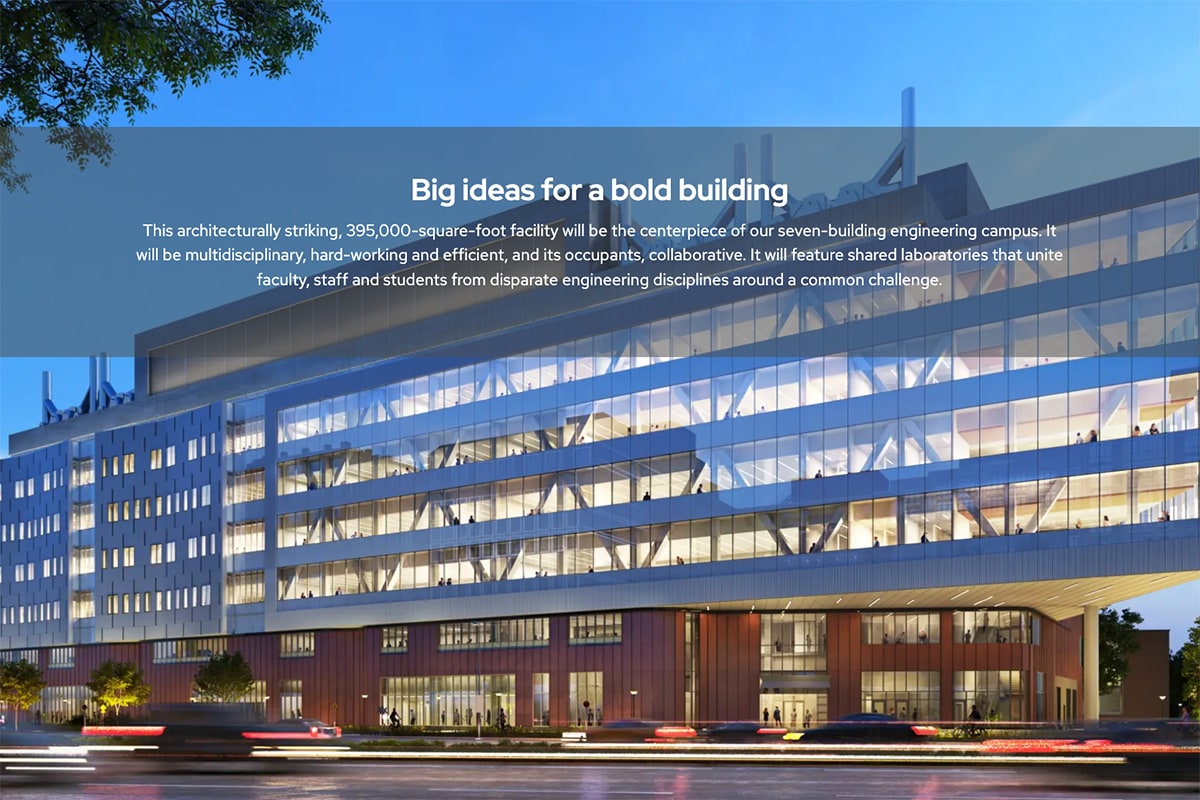 Screenshot from a website promoting the construction of a new building for the College of Engineering.
