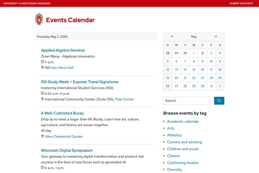 Screenshot from UW–Madison's online Events Calendar.