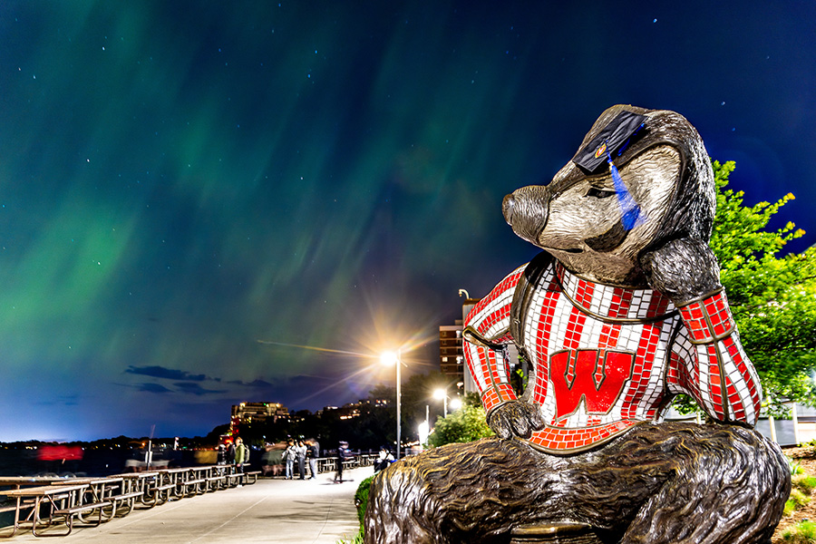 A sculpture of Bucky Badger with Northern Lights in the night sky.