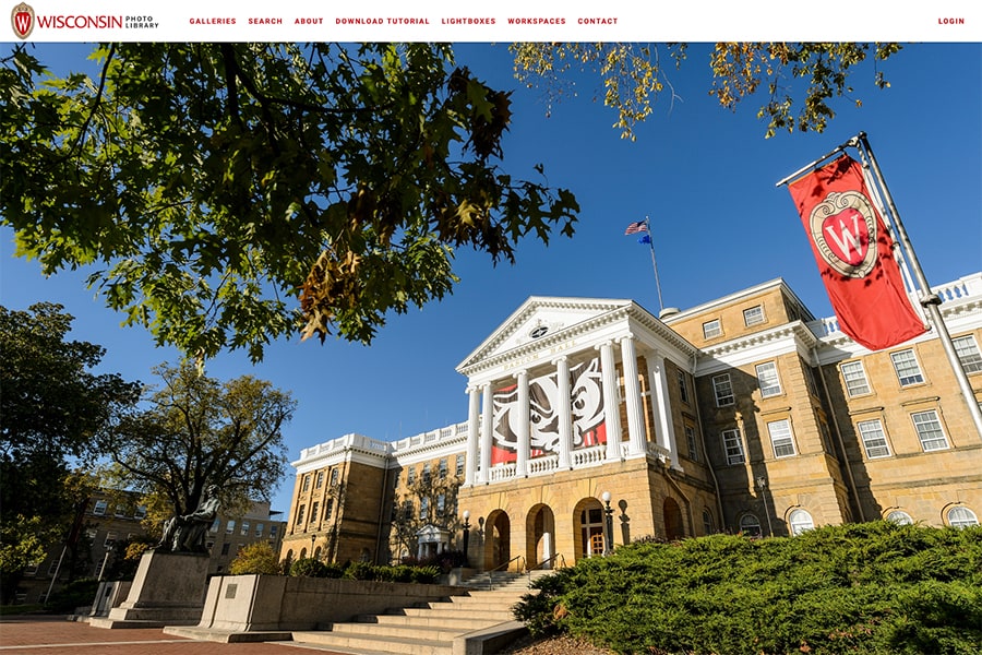 Screenshot of the entry page of the UW–Madison Photo Library, featuring an image of Bascom Hall.