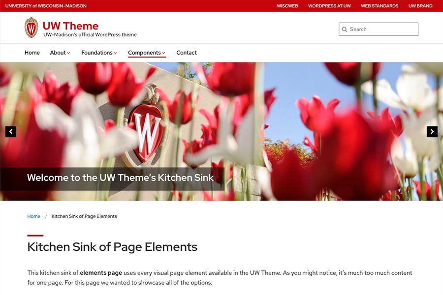 Screenshot of the UW–Madison's UW Theme 'Kitchen Sink' page.