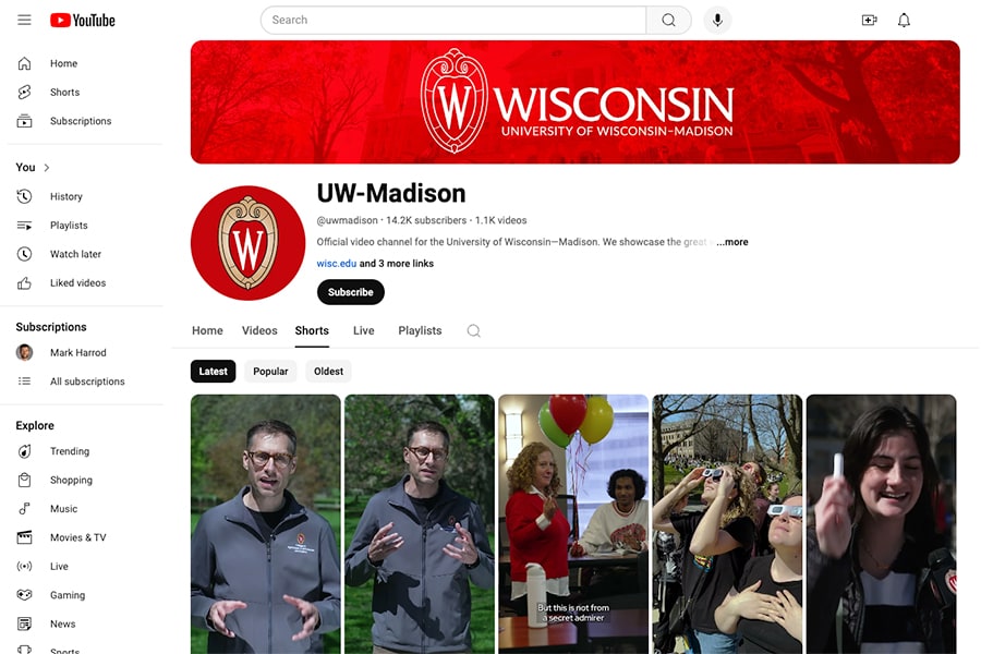 Screenshot of UW–Madison's official YouTube presence