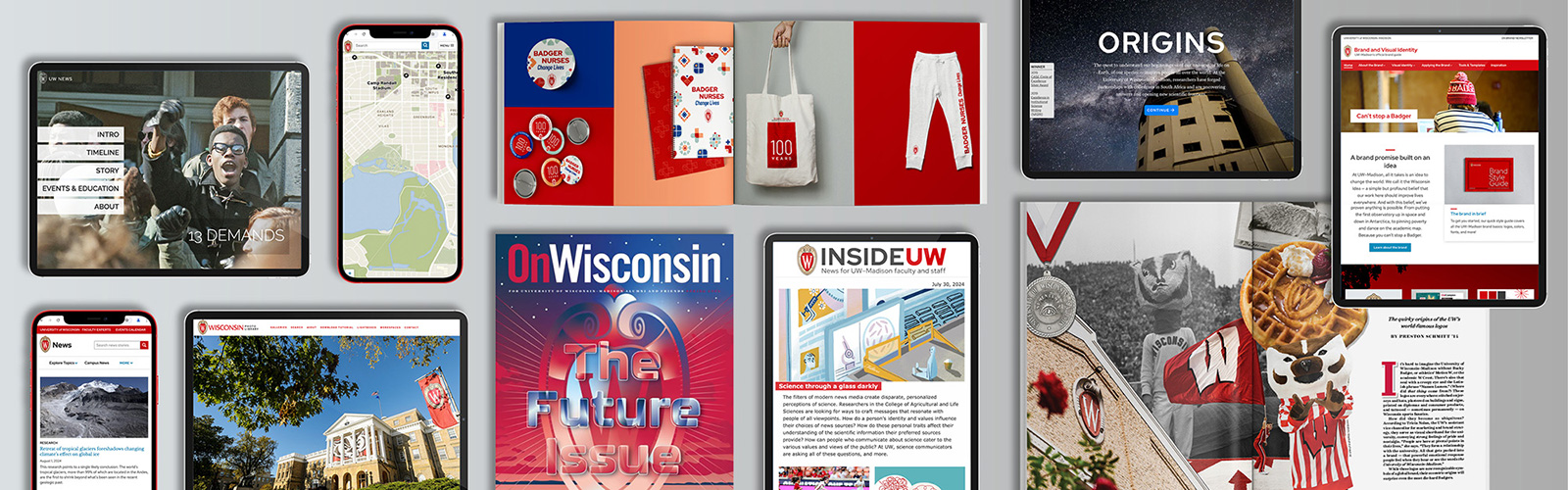 A collage of digital and print works produced by the Office of Strategic Communication.