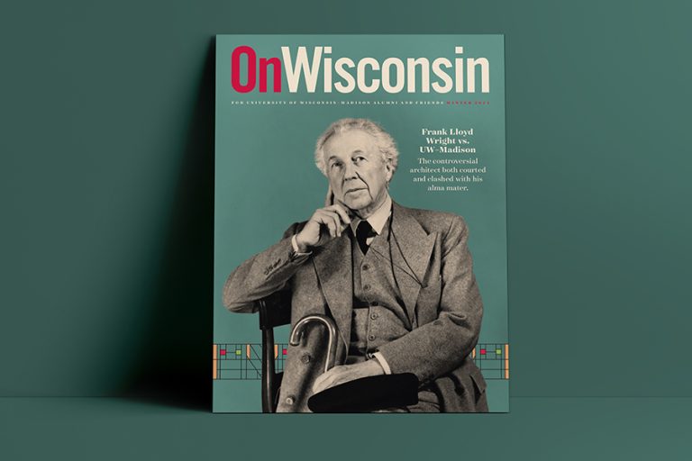 Cover of On Wisconsin magazine featuring a black and white photo of Frank Lloyd Wright against a dark teal background