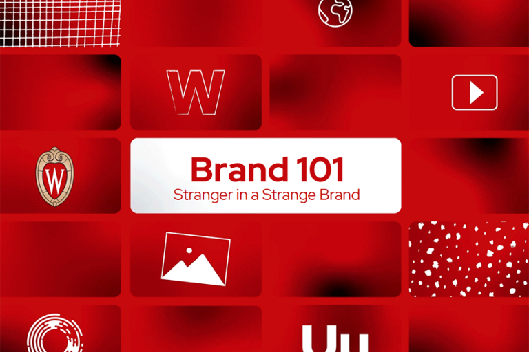 Red graphic displaying different UW-branded designs with the text "Brand 101, Stranger in a Strange Brand"